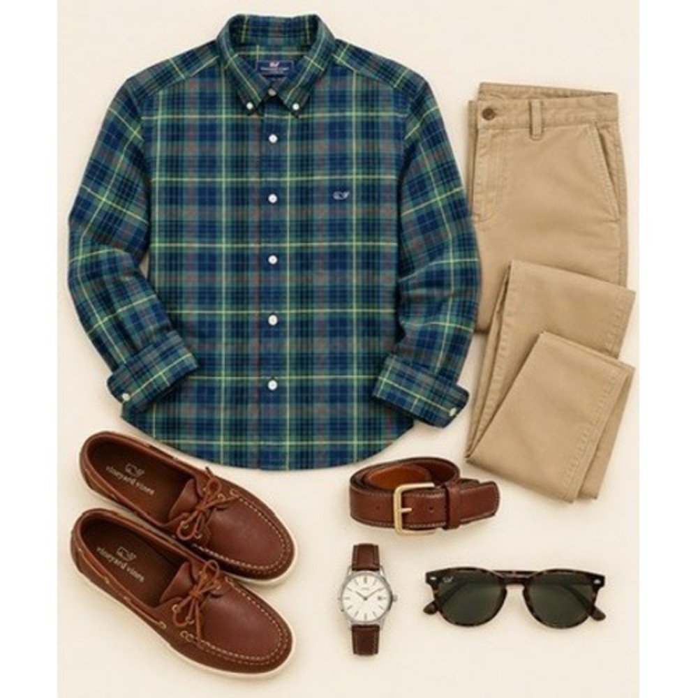 Vineyard Vines Men's Classic Fit Plaid Button Down Shirt Green Navy Size Large